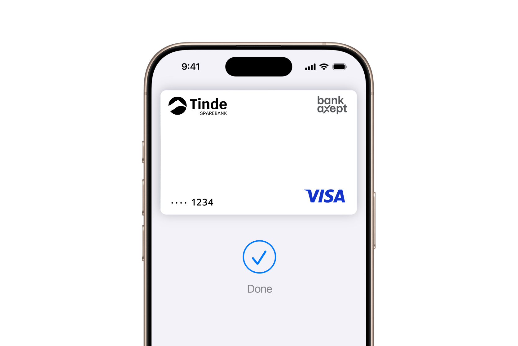 IPhone viser et digitalt betalingskort med bekreftelse 'Done'.